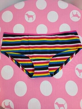 VTG VS PINK Rainbow Stripe Graphic Cotton Extra Low Rise Hipster Panty Size M